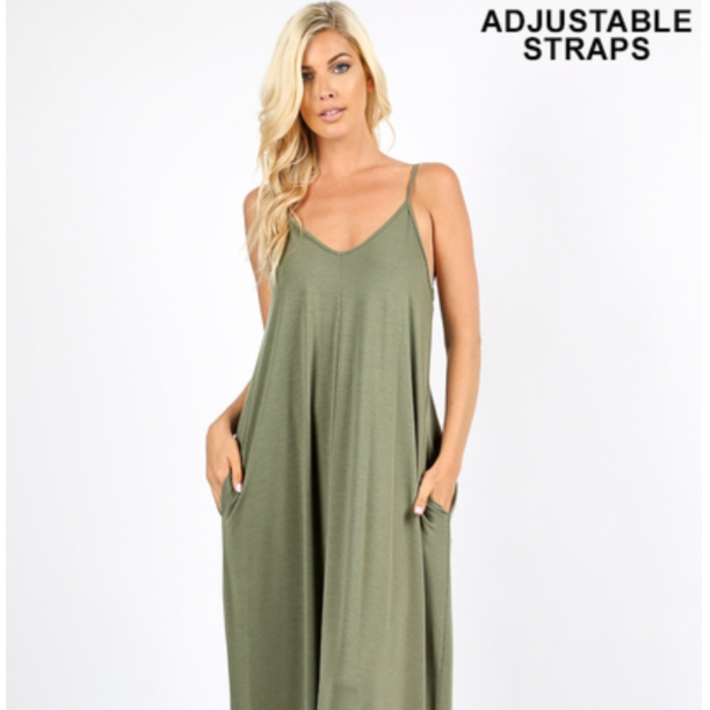Comfy Maxi Dress w/ Side Pockets - Light Olive